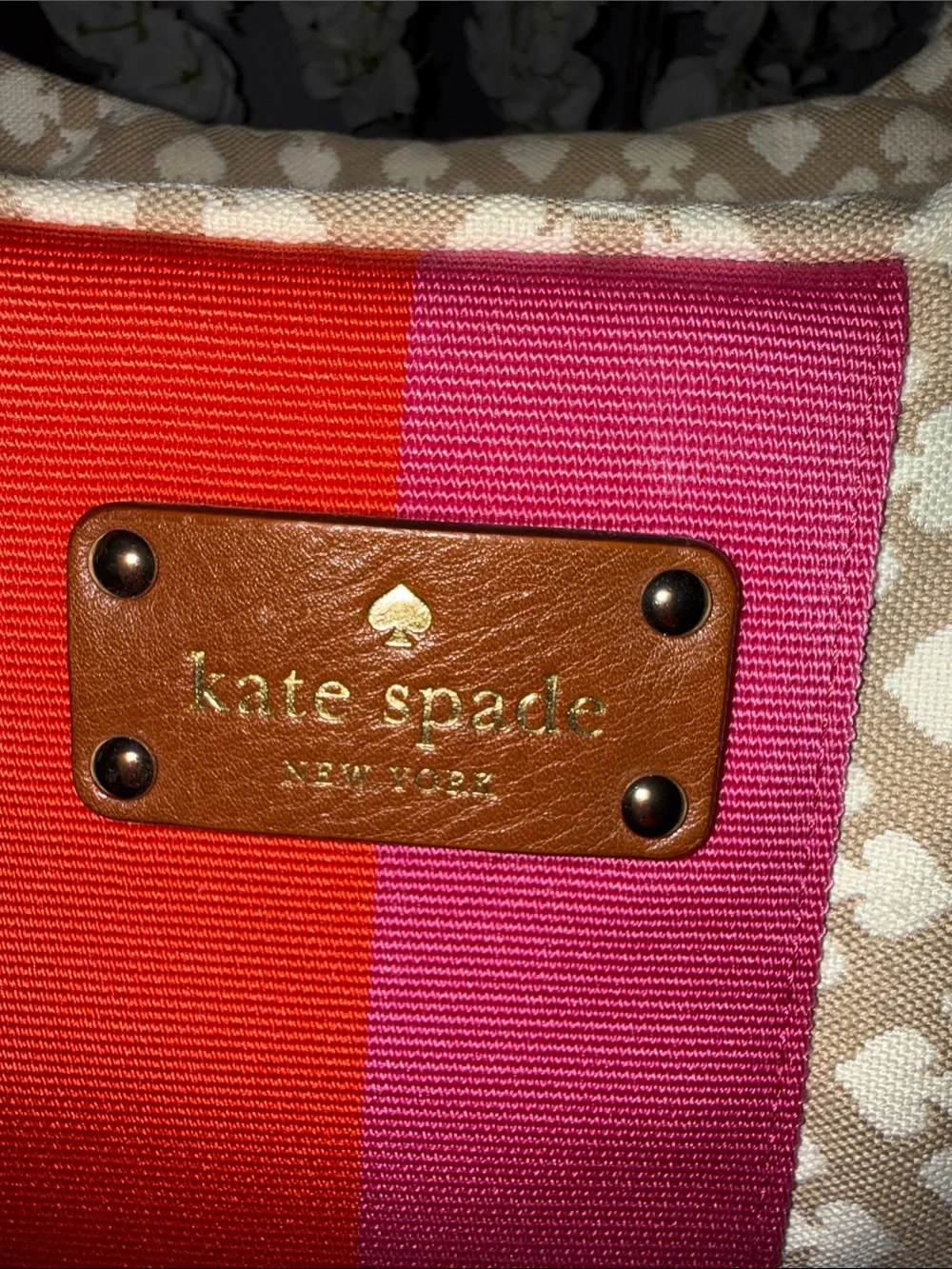 kate spade Beige Canvas Satchel with Red & Pink Center Stripe